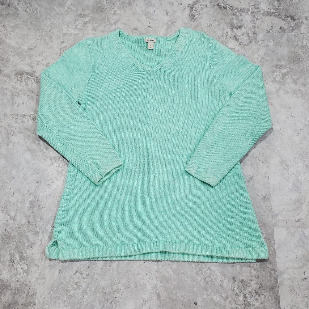 LL Bean Green Marled 100% Cotton Sweater V Neck Size Petite L Large